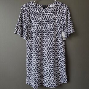NEW Crown & Ivy Montauk Shift Dress XL Navy White Geometric Bell Sleeve NWT